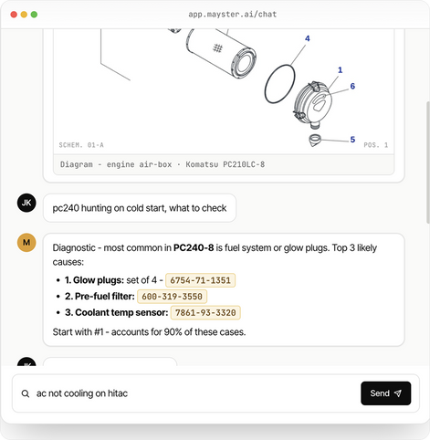 Mayster AI parts assistant chat interface