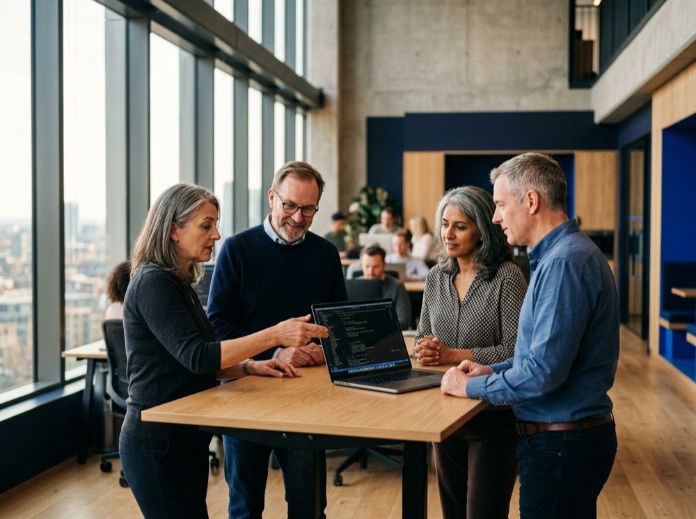 A nearshore engineering team collaborating in a bright European office