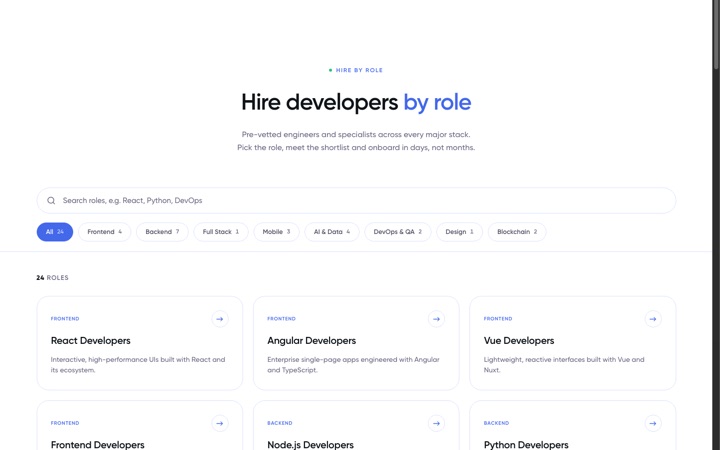 Preview of the hire developers by role page