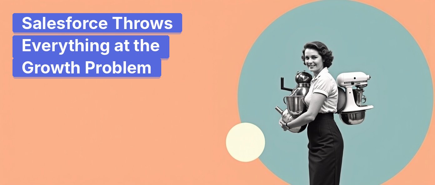 Saleswoman juggling an armload of kitchen gadgets.