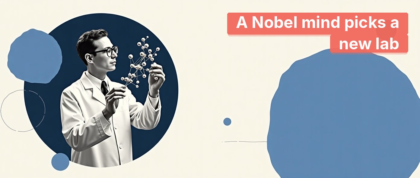 A vintage biochemist examining a molecular model in a research laboratory.