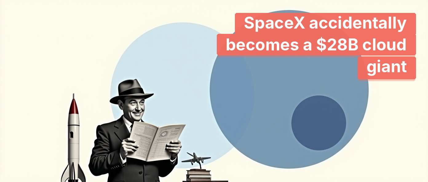 Vintage businessman with ledger and toy rocket, symbolizing SpaceX's incidental rise as a neocloud.