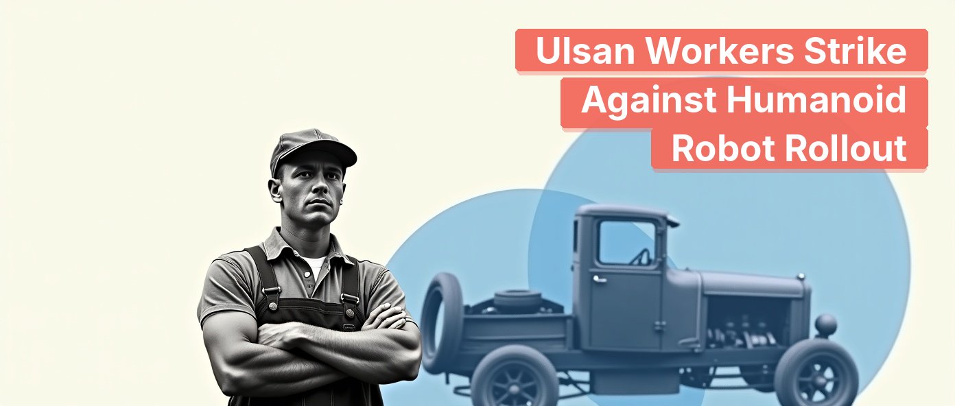 A vintage assembly worker stands defiantly by an idle production line.