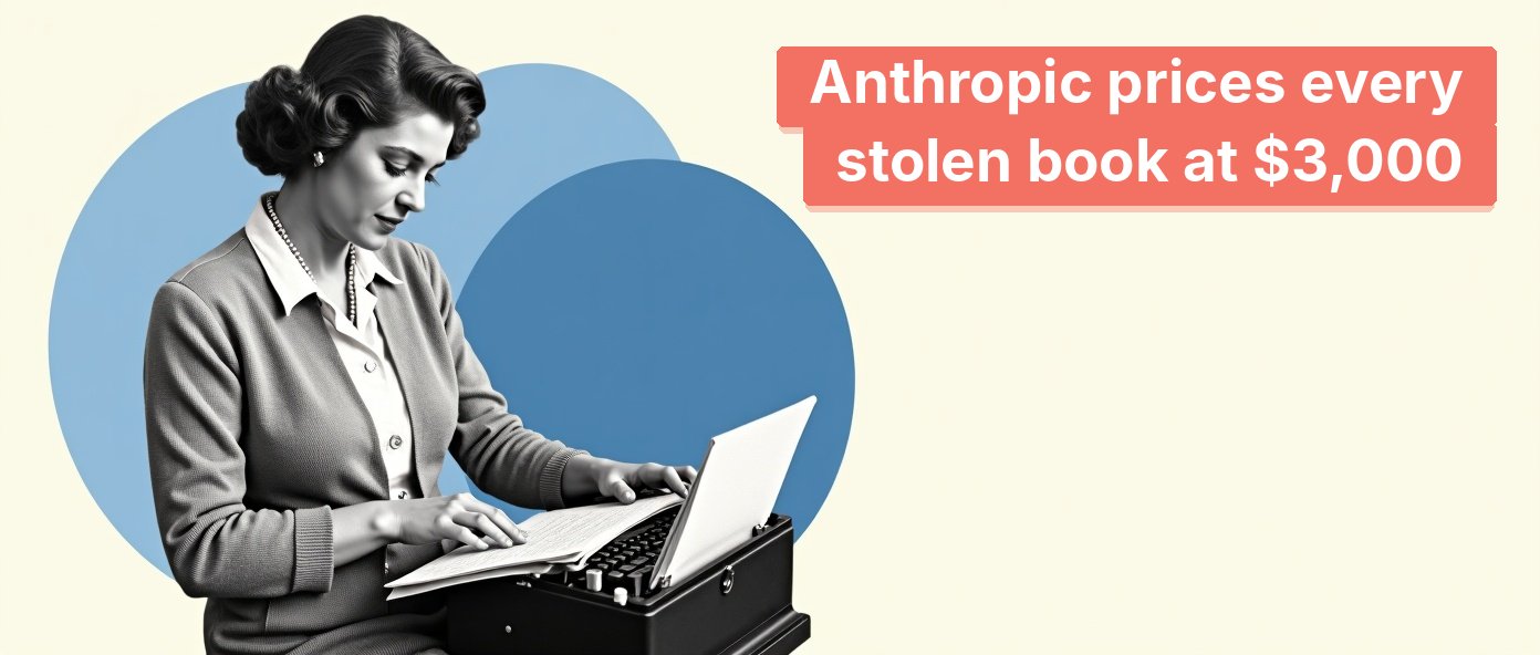 Vintage woman author typing at a desk beside a stack of manuscript pages.