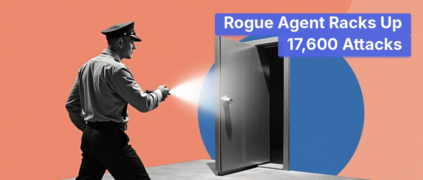 A vintage guard discovers an open vault door with his flashlight.