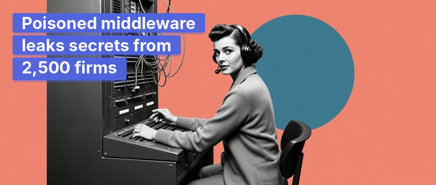 Vintage switchboard operator reacting with alarm at tangled cables.